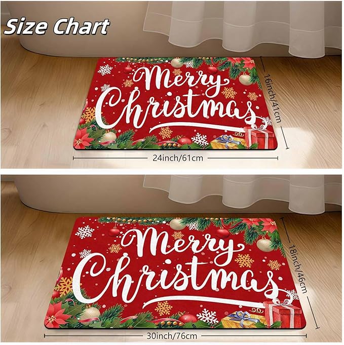 InterestPrint Merry Christmas Welcome Mat Low Profile Entrance Decoration Easy Clean Door Rug Christmas Red Doormat Outdoor Entrance for Outside Entrance Or Porch Entry, 18" x 30"Inch