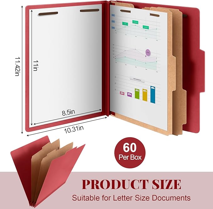 60 Pcs Classification Folders Letter Size, 2 Divider Pressboard File Folders with 3. 5 Inch Expansion, 2 Prongs Fastener, Heavy Duty Office File Organizers for Teachers, Medical (Dark Red)