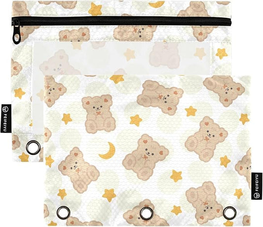 ALAZA Pencil Pouch for 3 Ring Binder, Cute Bear Star Moon Binder Pencil Pouches with Clear Window Zipper Pencil Case Cosmetic Bags for Office College Supplies, 2PCS