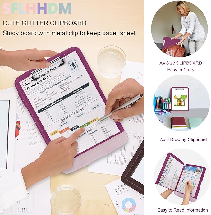 Glitter Clipboard with Storage,Storage Clipboard with Pen Holder,A4 Binder Clip Boards 8.5x11 with Low Profile Clip,Side Opening Sparkle Clipboards,Clipboards Folder for Office Supplies-Purple Alfalfa