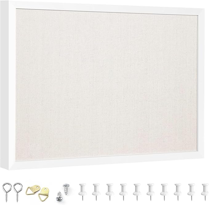 OWLKELA 13.3"x17.7" inch Bulletin Board with Linen, White Wood Style Frame, with 10 Pushpins, Linen Cork Board, Ideal for School, Home & Office