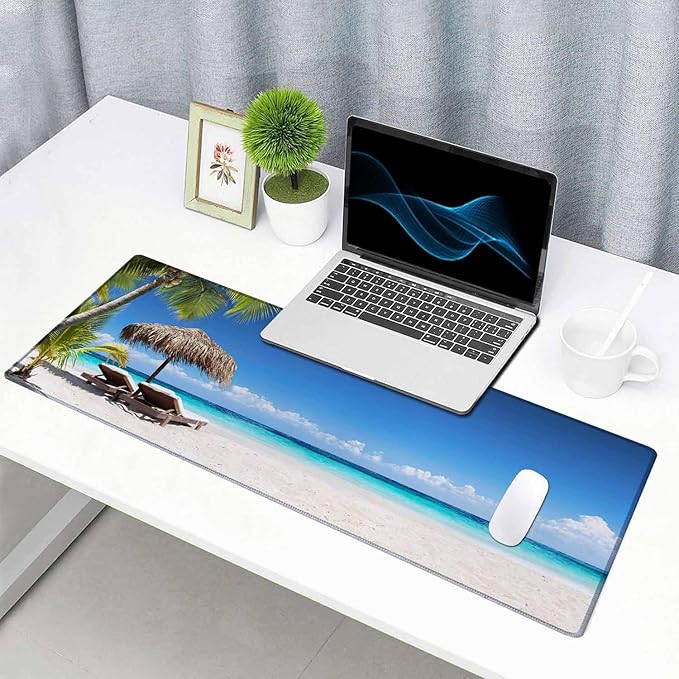 Gaming Mouse Pad, XXL Extended Computer Keyboard Long Mouse Mat, Large Desk Pad for Office Laptop, Non-Slip Rubber Base with Stitched Edge Mousepad, 31.5X11.8 inch Tropical Palm Sea and Beach