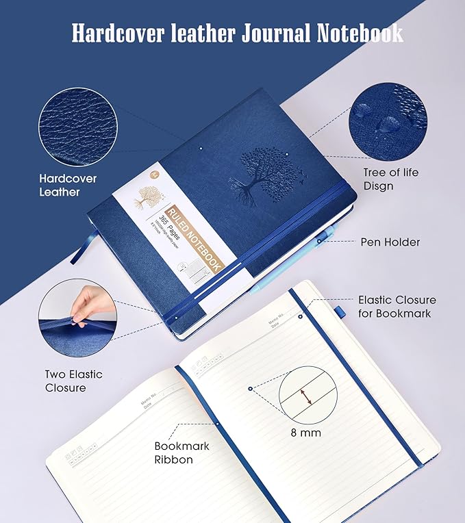Lined Journal Notebook, 365 Pages A4 Large Journals for Writing Ruled Notebook, Hardcover Leather Journal for Women Men, Daily Notebook for Work, Note Taking, 100Gsm Thick Paper(8.5" x 11" Darkblue)