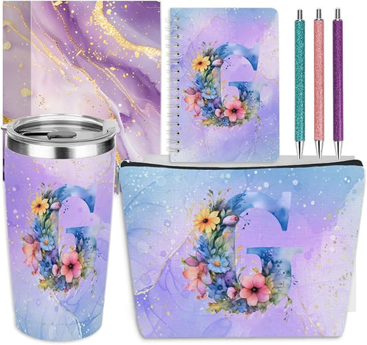 Personalized Gifts Monogrammed Birthday Gifts for Women, Her Employee Housewarming Christmas Initial 20 oz Tumbler, Makeup Bag Cup Ballpoint Pens Journal Notebook 6 Set, (Aesthetic Purple Flower G)