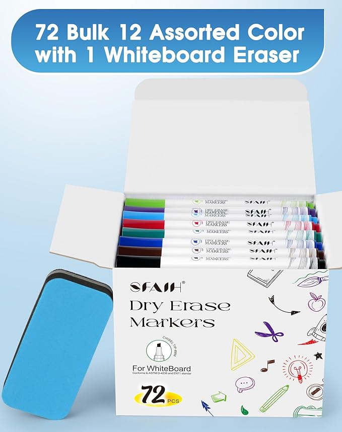 SFAIH Dry Erase Markers Chisel Tip with Magnetic Whiteboard Eraser, 72 Bulk 12 Assorted Colors White Board Markers for Teachers, Versatile Lines, 1s Quickly Dry, Perfect for Classroom and Office