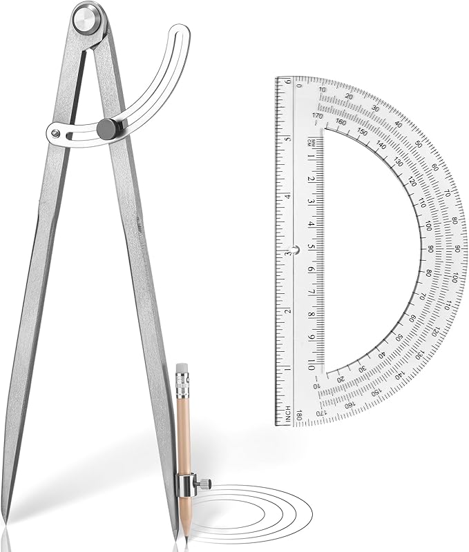 Zonon Professional 12 Inch Large Compass with Wing for Woodworking and 6 Inch Protractor Set, Pencil Compass for Geometry Math Carpenter, Drafting, Drawing Tool
