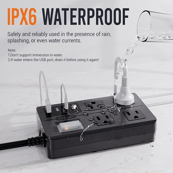Outdoor Power Strip Weatherproof,Waterproof Surge Protector with 4 Wide Outlets,4 USB Charger,15 FT Extension Cord,1875W/15Amps,Multi Outlet Extender for Patio Porch Garden Yard Christmas Lights