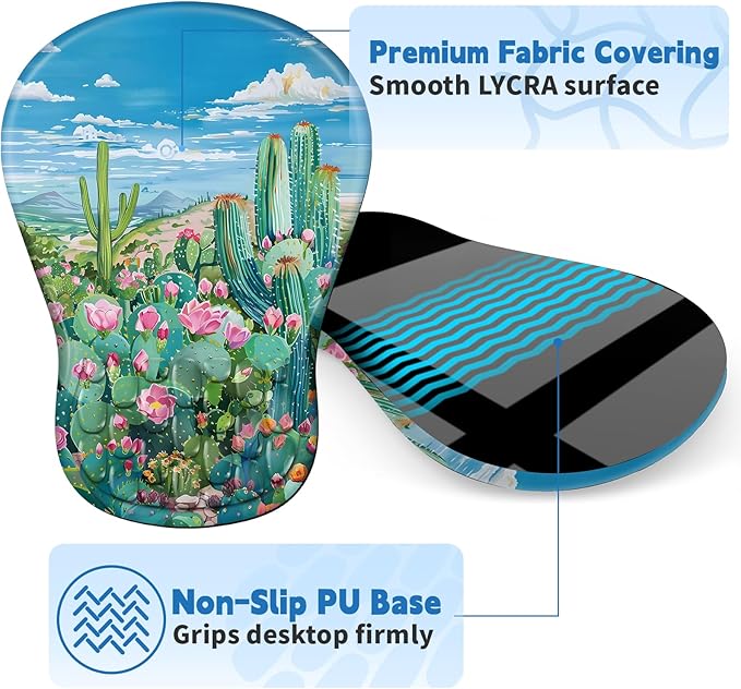 YIWEI Ergonomic Mouse Pad with Wrist Rest Support, Mousepad with Comfortable Memory Foam Wrist Rest and Non-Slip PU Base for Pain Relief, Computer, Laptop, Office, Home (Cactus)