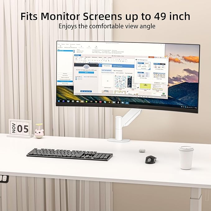 Suptek Ultrawide Monitor Arm Mount for 17 to 49 Inch Heavy Duty Curved Screen,Holds 46.2 lbs,Adjustable Gas Spring Monitor Arm Desk Mount Stand,75/100 Vesa Mount,White(MD71LW)