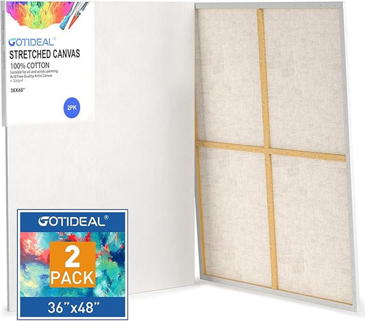 GOTIDEAL Stretched Canvases for Painting, 36x48" Inch Set of 2, Primed White - 100% Cotton Blank Art Large Canvas Boards for Painting for Acrylic Pouring, Oil Paint Dry & Wet Art Media