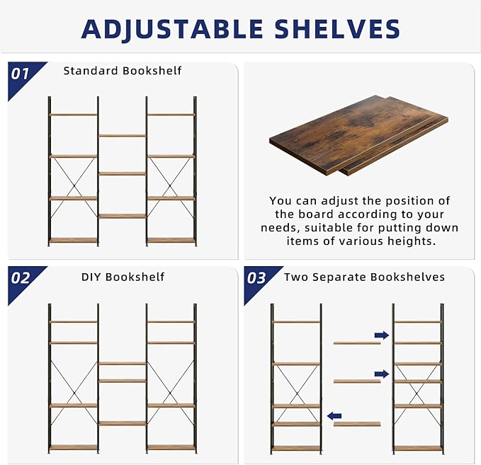 NUMENN Triple Column 4 Tier Bookshelf, Bookcase with 11 Open Display Shelves, Adjustable Rustic Industrial Style Book Shelves, Modern Bookshelves for Bedroom, Living Room and Home Office, Vintage