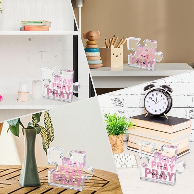 Religious Plaques Christian Woman Decor Gifts - Pray on it Pray over it -Puzzle Acrylic Sign - Pink Office Desk Accessories Decor Sign, Pink Dorm Room for Women - Long Distance Gifts (puzzle)