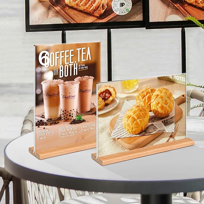 Kersally Acrylic Sign Holder 11 x 8.5'', 3 Pack Double-Sided Clear Table Display Stands with Wood Base,Horizontal Acrylic Frame Menu Flyer Paper Holder for Store, Restaurant, Hotel, Office, Show Fair