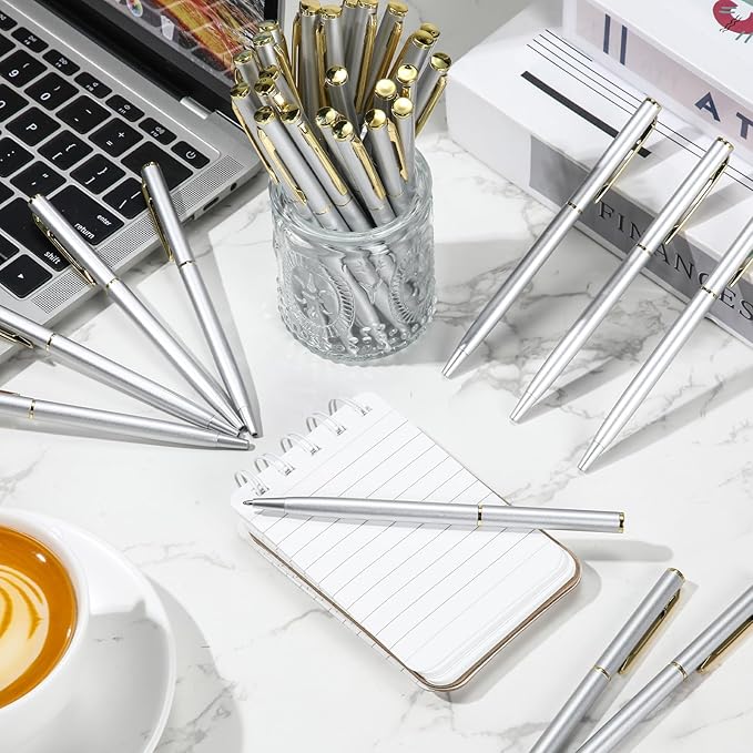 Lincia 100 Pieces Silver Slim Metal Ballpoint Pen 1 mm Medium Black Ink Smooth Writing Silver Retractable Point Metal Pen for Office Business Students Teachers Wedding Guest(Classic)