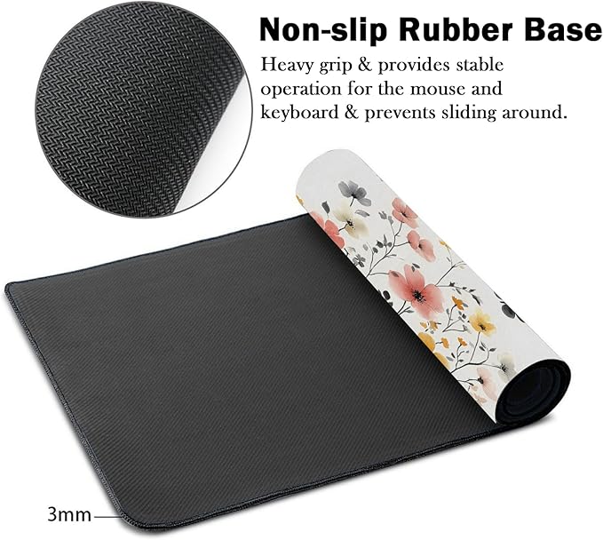 Mrcrypos Wildflowers Large Mouse Pad Butterfly Desk Mat for Desktop,Waterproof Desk Pad with Stitched Edges,Computer Keyboard Gaming Mouse Pads for Women Office Home 31.5" x 11.8"