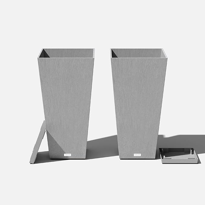 Veradek V-Resin Indoor/Outdoor Taper Planter (Gray, 30 inch - 2 Pack with 2 Saucer Trays)