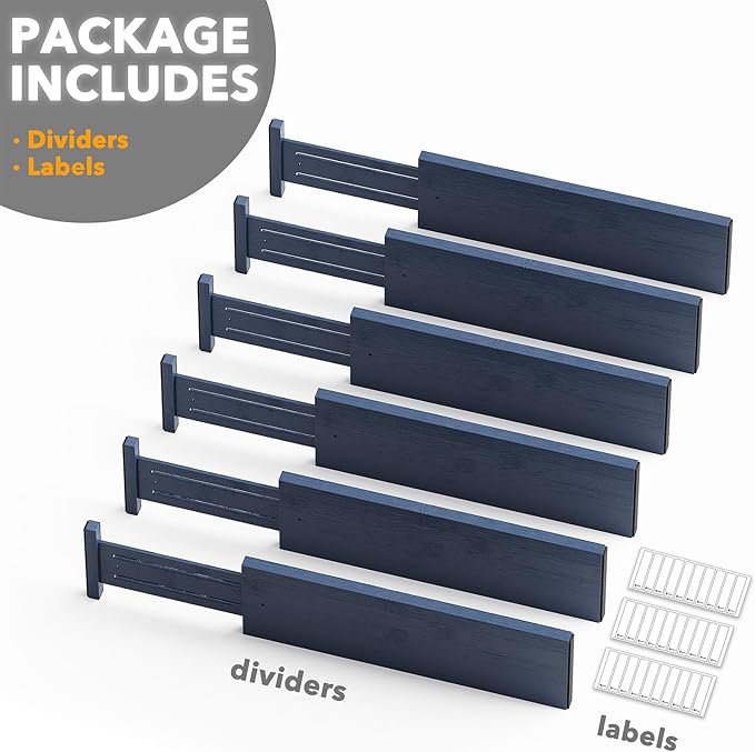 SpaceAid Bamboo Dresser Drawer Dividers 6 Pack, 4.65“ High Adjustable 17“-22” Drawer Organizers, Expandable Organization for Clothing, Clothes, Dressers, Navy Blue