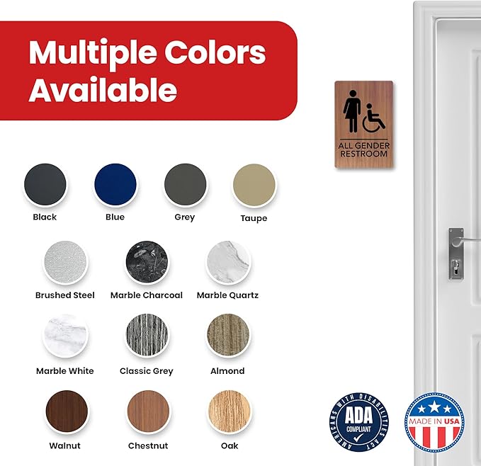 Promot All Gender Handicap Bathroom Sign – ADA Braille Restroom Sign for Business, Self-Adhesive, 9" x 6", Commercial Door Signage, Office Wall Decor - Chestnut