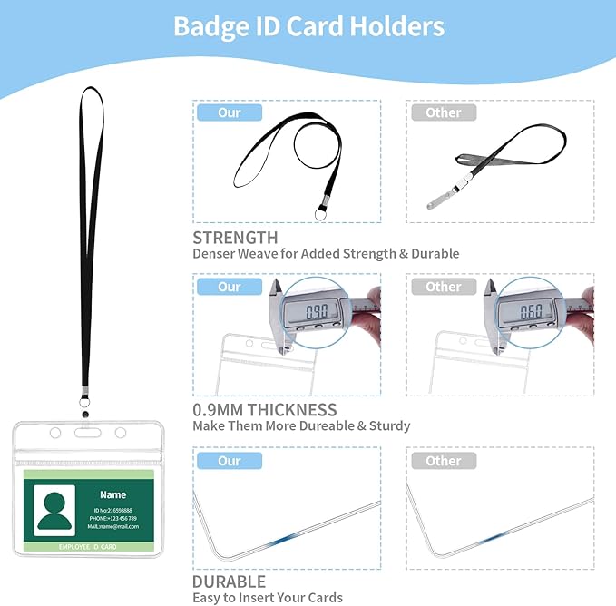 RexID 100 Pcs Horizontal ID Holder Badges Name Tags,Waterproof Clear Plastic ID Card Holders with Blue Lanyard (100 Pcs (Horizontal), Blue)
