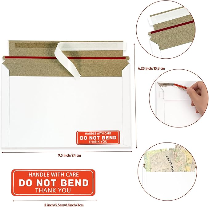 Cheardia 120 Pack Thick White Rigid Mailers with Self Adhesive Seal, 9.5 x 6.2 Inch Cardboard Envelopes Photo Mailers with Label for Protecting Shipping Gift Cards, Documents, Invitations, DVD