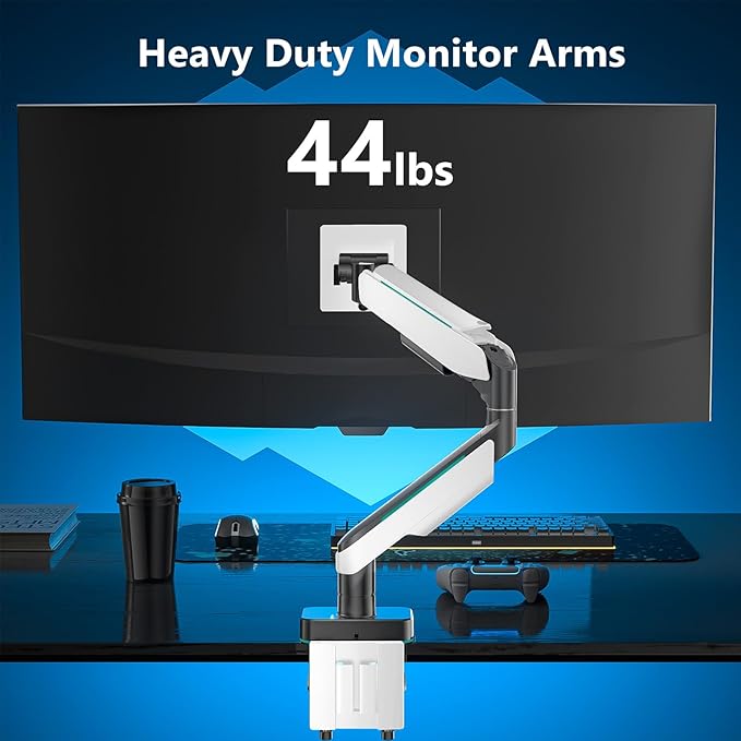 WALI Heavy Duty Monitor Arm, Monitor Stand for Screen up to 49 inch, 44 lbs, Aluminum Ultrawide Computer Mount for Samsung Odyssey G9, Adjustable, Mounting Holes 75 and 100 (GAM001XL), White