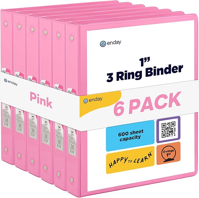 3 Ring Binder Pink, 1 Inch, 1” Clear View Cover with 2 Inside Pockets Round Ring Binder, Colored School Supplies Binders, Also Available in Grey, Blue, Purple, Green, and Red (6 PC) – by Enday