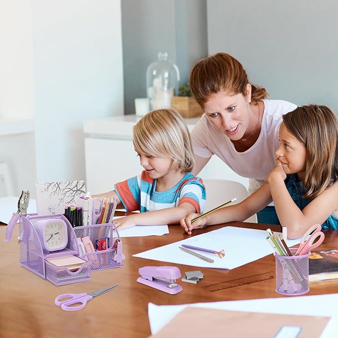 SYMDROMIA 13-in-1 Office Desk Organizer Set with Stapler and Tape Dispenser, Pen Holder, Scissors, Ruler, Hole Punch, 2 Pens & More Desktop Accessories for Back to School Supplies (Purple)