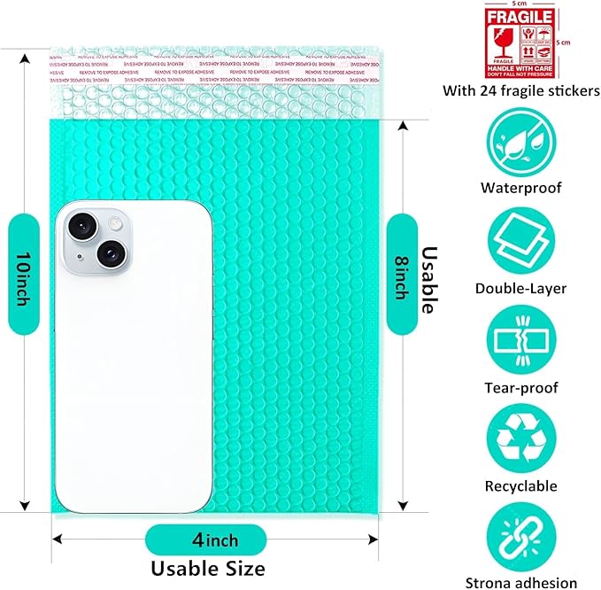 Bubble Mailers 4x10" 100 Pack and 24PCS Fragile Stickers Bright Teal Thick Waterproof Padded Poly Envelopes Small Bubble Wrap Mailers Self Seal Shipping Bag for Mailing Jewelry Makeup Small Business#0