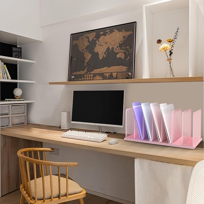 Kuntine.B Desk File Organizer Upright Mesh Desktop Organizer File Sorter Office Organization File Holder for Home, Office & Classroom (Pink, 2 Pack 7-Section)