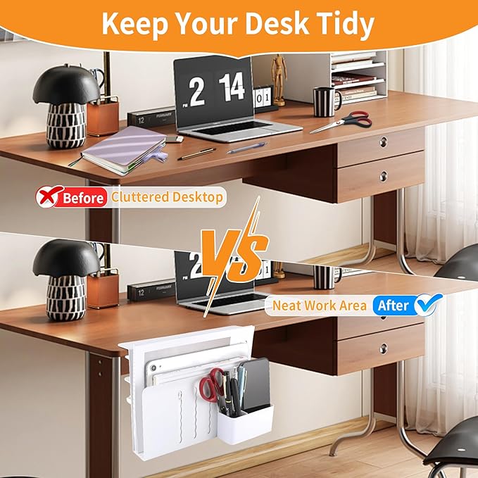 Desk Side Storage Under Desk Laptop Holder, No Drill Hanging Desk Organizer with Pen Holder, Clamp-On Table Side Tray Desktop Organization Mount for Office and Home (White)
