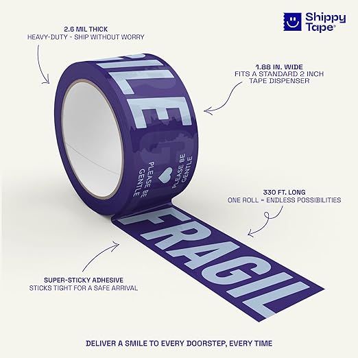 Fragile Packing Tape, Please Be Gentle, Purple Violet Blue Cute Designer Packaging and Shipping Tape for Small Business - Printed Tape for Moving, 1.88" x 110 Yards (330 feet)