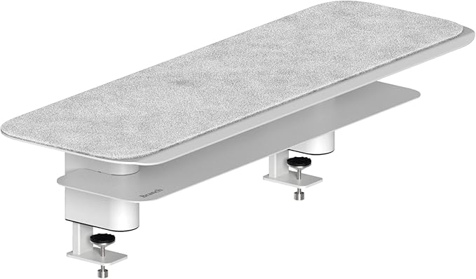 Branch Monitor Stand - Elegant, Durable Powder-Coated Steel Stand with Soft Felt Liner - Small Monitor Riser Second Tier Storage - Installs with a Universal Clamp for Ergonomic Workspace - White