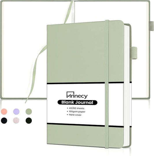Annecy Blank Journal Notebook, Medium 5.5x 8.25, 160 Pages 100GSM Writing Paper, A5 Grey Green Faux Leather Cover with Pen Loop