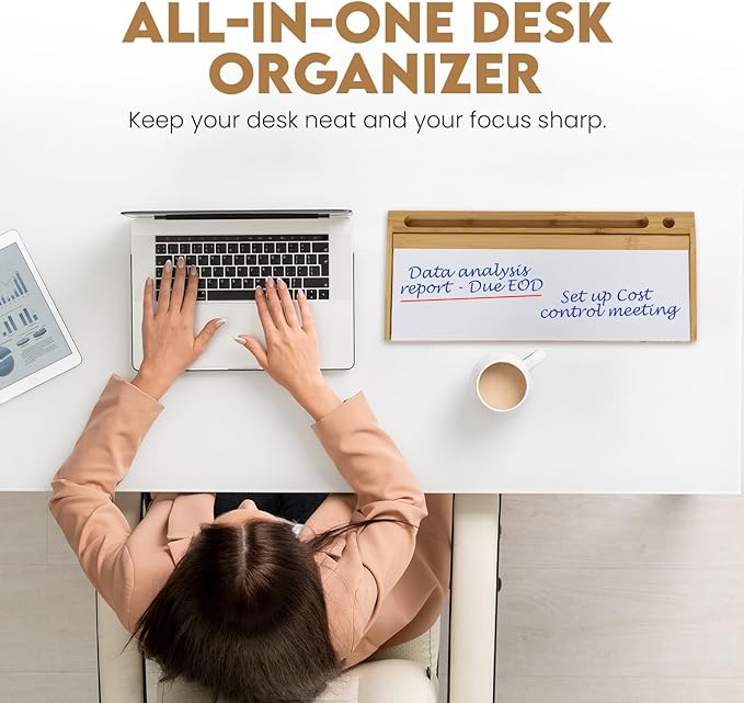 Desk Whiteboard with Storage - 16.2" x 6.7" x 2" with 3 Markers and 1 Eraser, Small Whiteboard for Desk - KAHJIN Natural Bamboo Dry Erase Board with Organizer for Office, Home, or School Essentials