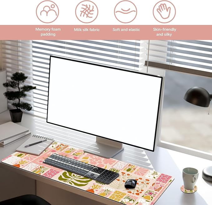 DINKY Desk Mat Mouse Pad, XXL Large Gaming Mouse Pad with Wrist Rest Wrist Support, Ergonomic Mouse Pads, Keyboard Wrist Rest, Desk Accessories Decor, Checkered Flower Plant
