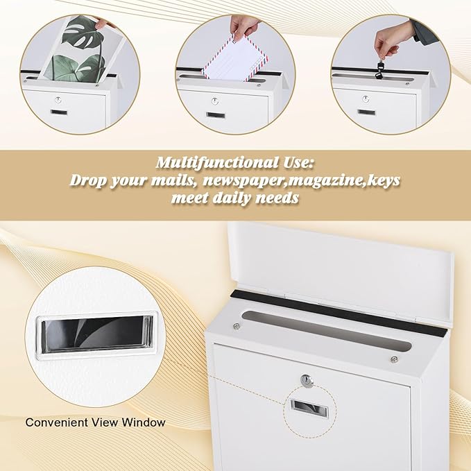 xydled Mail Boxes with Key Lock,Locking Mailbox Wall Mounted,Security Metal Mailbox Drop Box, Modern Large Capacity,Steel Cover Metal Postbox for House Home Outside, White, 14.2''x12.6''x4''