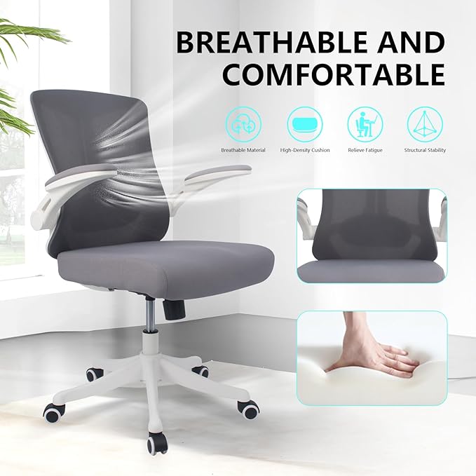 Ergonomic Comfort Home Desk Office Chair, Mid Back Computer Gaming Chair with Wheels, Adjustable Height, Lumbar Support, Flip-up Armrest with 350LBS Capacity (White Grey)
