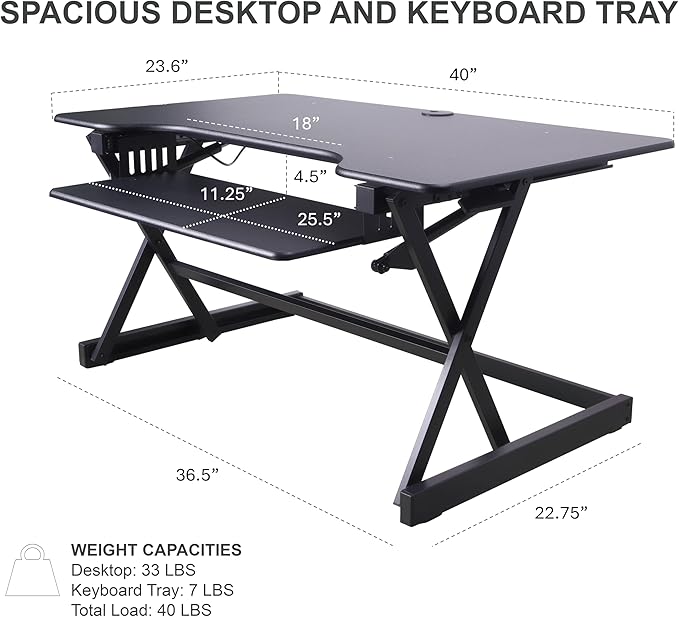 Rocelco 40" Large Height Adjustable Standing Desk with AC Outlet USB Charger and Floor Stand BUNDLE - Tall Dual Monitor Riser Computer Workstation - Keyboard Tray - Black (R DADRB-40-ACUSB-FS2)
