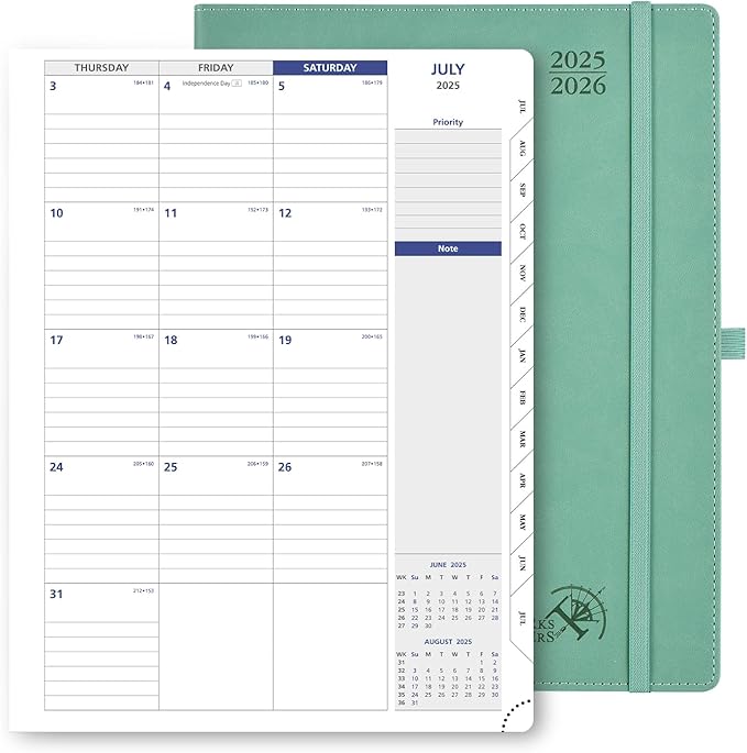 POPRUN Monthly Planner 2025-2026, 8.5'' x 11.25'', 13-Monthly Calendar (July 2025-July 2026) 15-Minute Hourly Appointment Book with Stair Tabs, Soft Cover, 100GSM Paper - Midnight Green