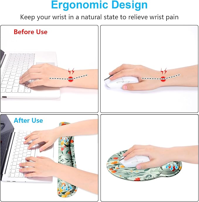 Dapesuom Keyboard Wrist Rest and Mouse Pad with Wrist Support, Cute Memory Foam Cushion for Keyboard and Mouse Set, Desktop Pad Rests with Non Slip Base for Easy Typing & Pain Relief, Simple Flowers