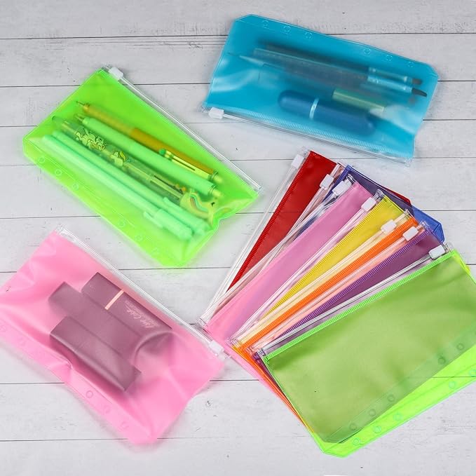 24Pcs A6 Binder Pockets 6 Holes Zipper Binder Pouch for Cash,ID Card,Credit Card, 8 Colors