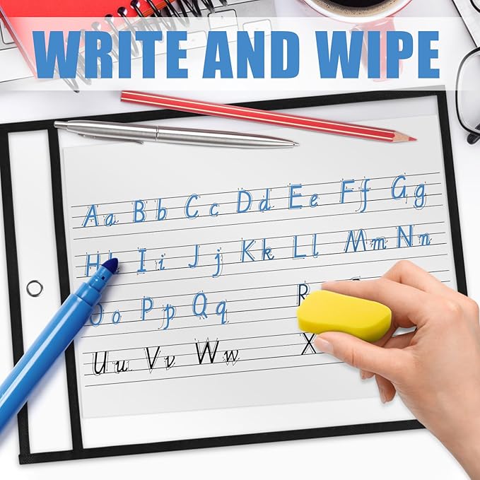 Heavy Duty Sheet Protectors 8.5 x 11 Job Ticket Holders, 30 Pack Dry Erase Pockets Plastic Paper Sleeves Clear Sleeves for Paper Clear Document Protectors for Shop Office Classroom Home, Black