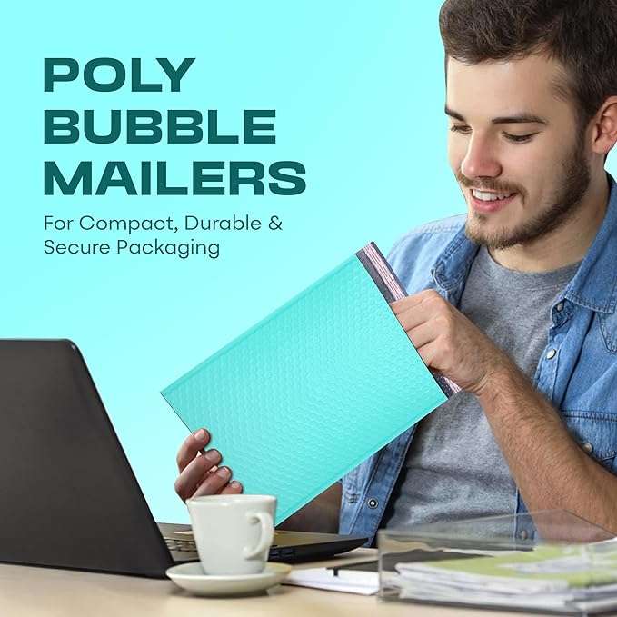 Teal Poly Bubble Mailers 8.5x12 inch #2 | Self Seal Padded Envelopes | Cushioned Bubble Mailer | Usable Size 8.5x11 | Water Proof | Lightweight mailing Shipping Bags | 200 Pack Bulk