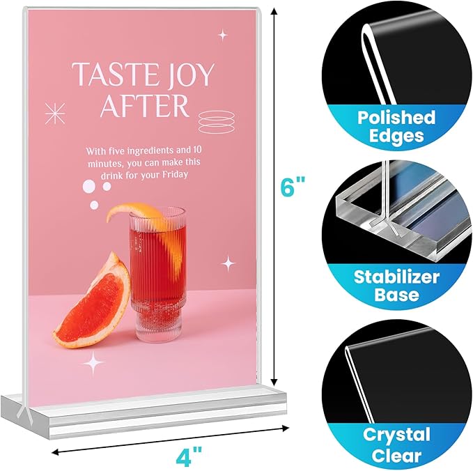 Acrylic Sign Holder 4x6, 24 Pack Clear Table Menu Vertical Clear Table Double Sided Flyer Display, Plastic Flyer Display Stand,Paper photo Plastic Sign Frame Suitable for Restaurants Office Store Show