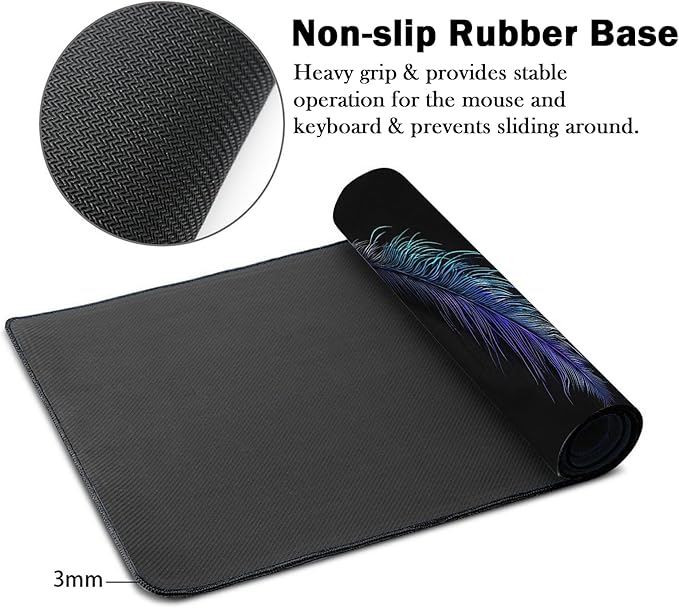 Mrcrypos Large Mouse Pad Blue Feather Desk Mat for Desktop, Waterproof Desk Pad with Stitched Edges, Computer Keyboard Gaming Mouse Pads for Women Office Home 31.5" x 15.7"