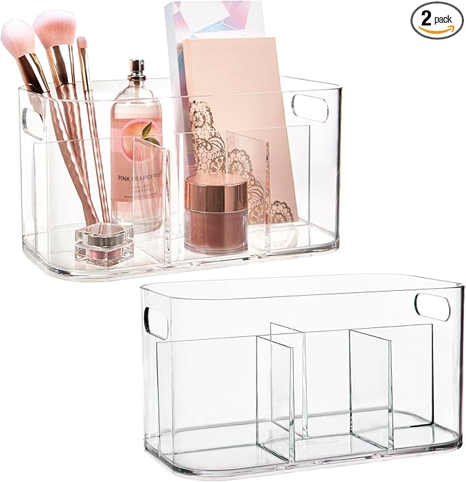 STORi Bliss 5-Compartment Plastic Cosmetics Storage Organizer, Set of 2 | Clear | Rectangular Divided Makeup Bin & Vanity Caddy with Pass-Through Handles | Round Corner Design | Made in USA