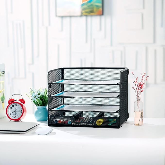 SETTFRFE 4 Tier Mesh Paper Letter Tray,Desk File Organizer with A Sliding Drawer,Office Supplies Desk Organizer for Home Office,Black.