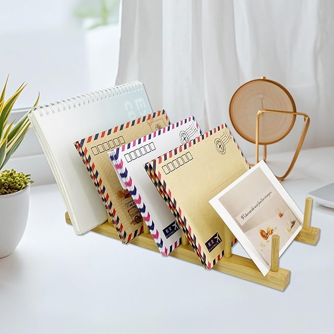 2 Pack Mail Organizer for Desk, Wood Mail Holder Countertop with 5-Slot, Small Letter Sorter File Holder,Office Desktop Envelope Organizer and Book Display Rack