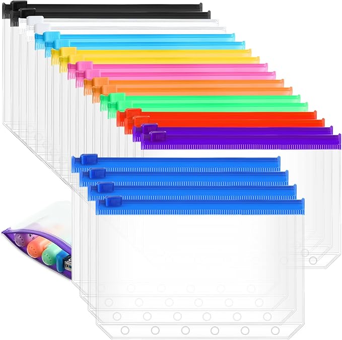 40 Pieces 6 Ring Binder Zipper Pouch, 6 Hole Binder Pockets with Zipper Bulk Binder Folders Plastic Binder Pouch Loose Leaf Bags Waterproof PVC Document Filing Bag(Colorful, A7)