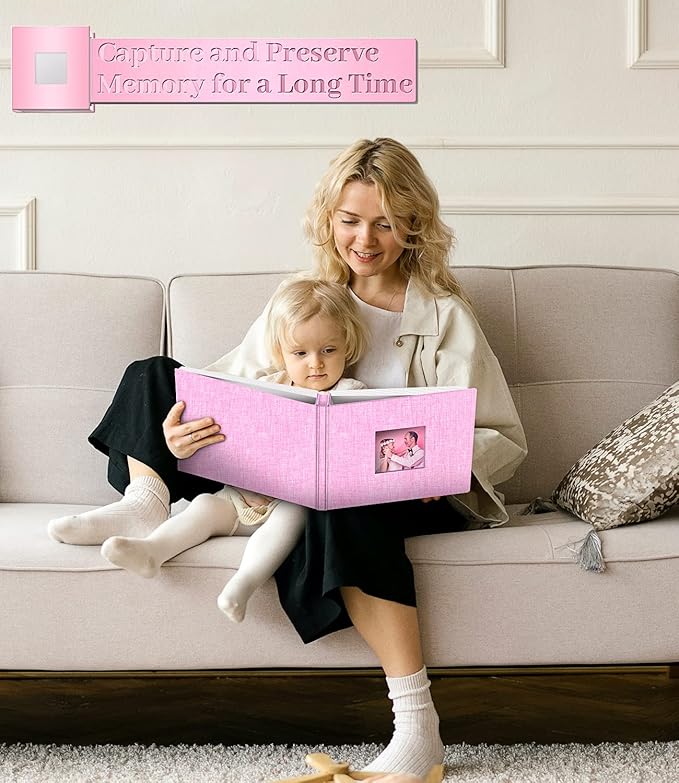 Photo Album Self Adhesive Scrapbook Album for 3x5 4x6 5x7 8x10 Pictures,60 Pages Linen Cover with Display Window DIY Photo Book,Ideal Gifts for Family Travel Wedding Baby